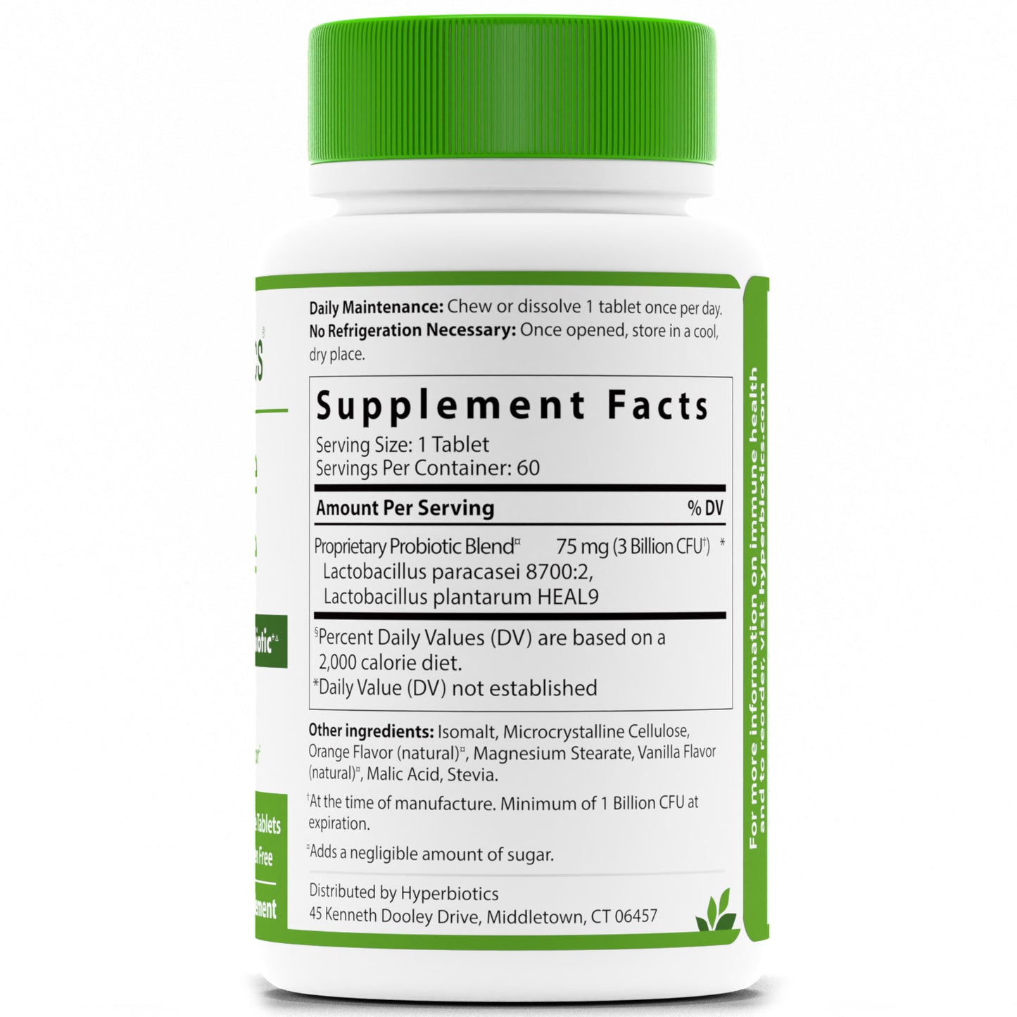 Hyperbiotics Immune Defense Probiotic Chewable Tablets Supplement Facts panel on bottle image.