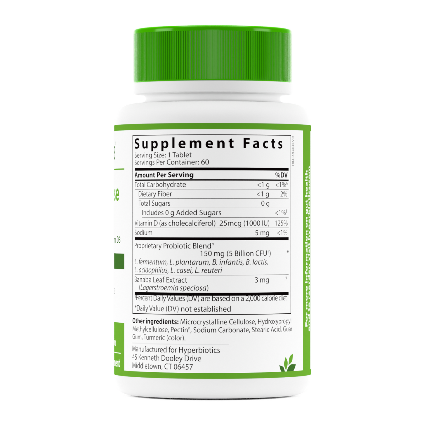 Hyperbiotics PRO-Glucose Support Probiotic Supplement Facts panel of bottle