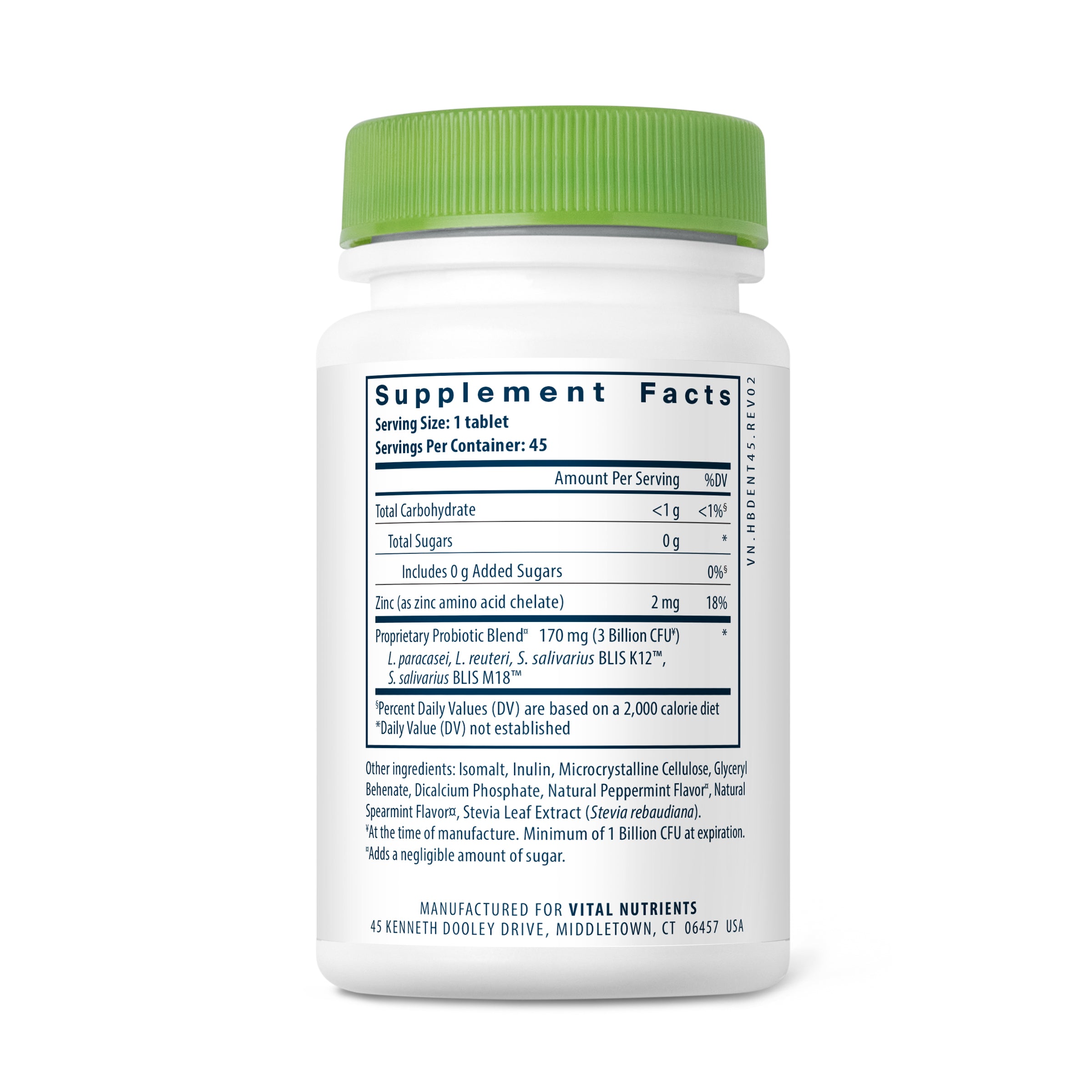 Hyperbiotics Pro-Dental Probiotic 45 chewable tablets serving size and ingredients.
