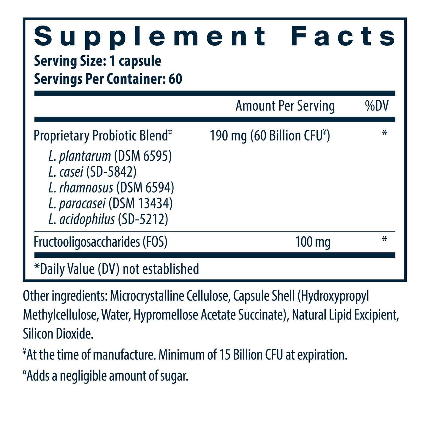 Hyperbiotics Prebiotic + Probiotic 60 Billion CFU 60 vegan capsules supplement facts.