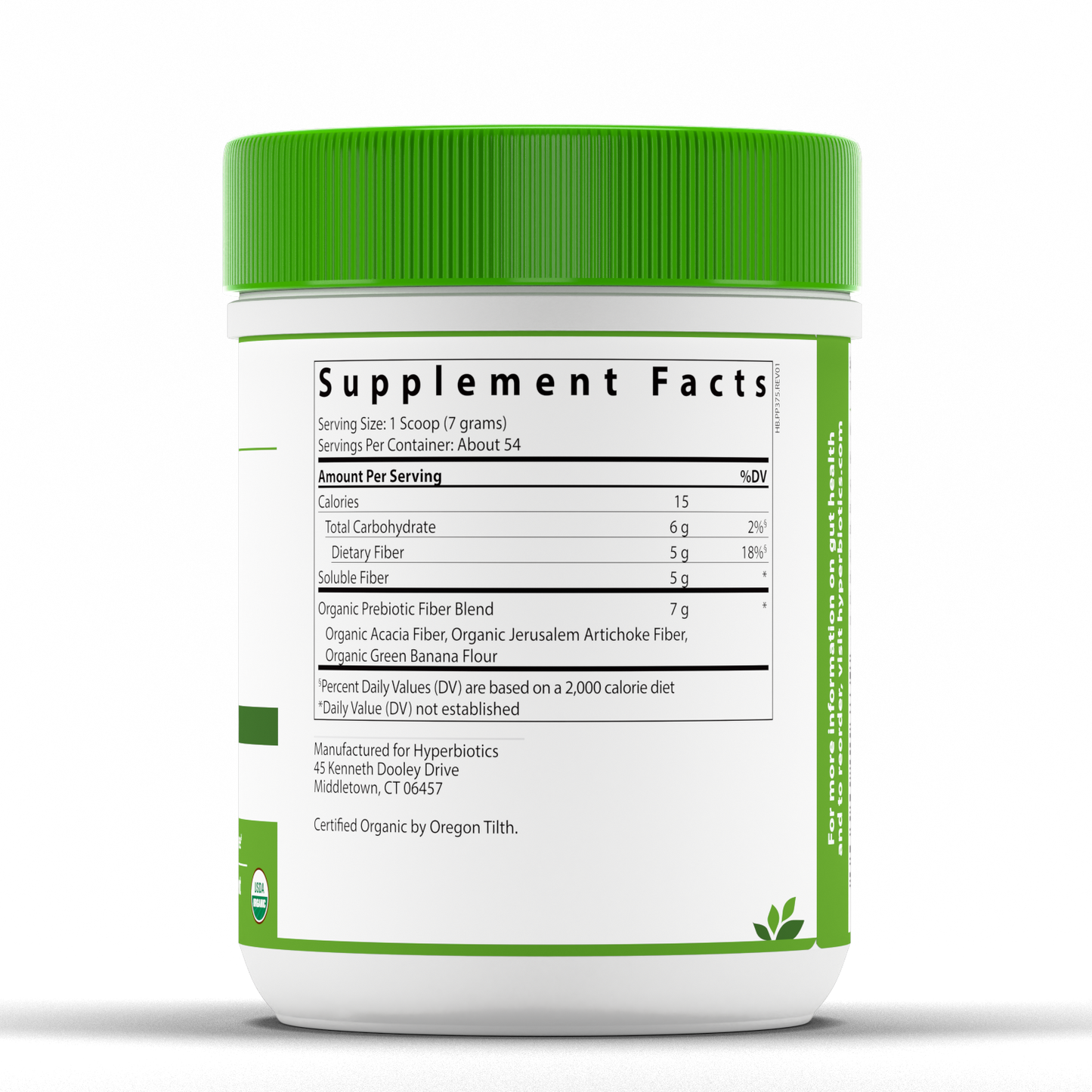 Hyperbiotics Prebiotic Powder Supplement Facts panel on container