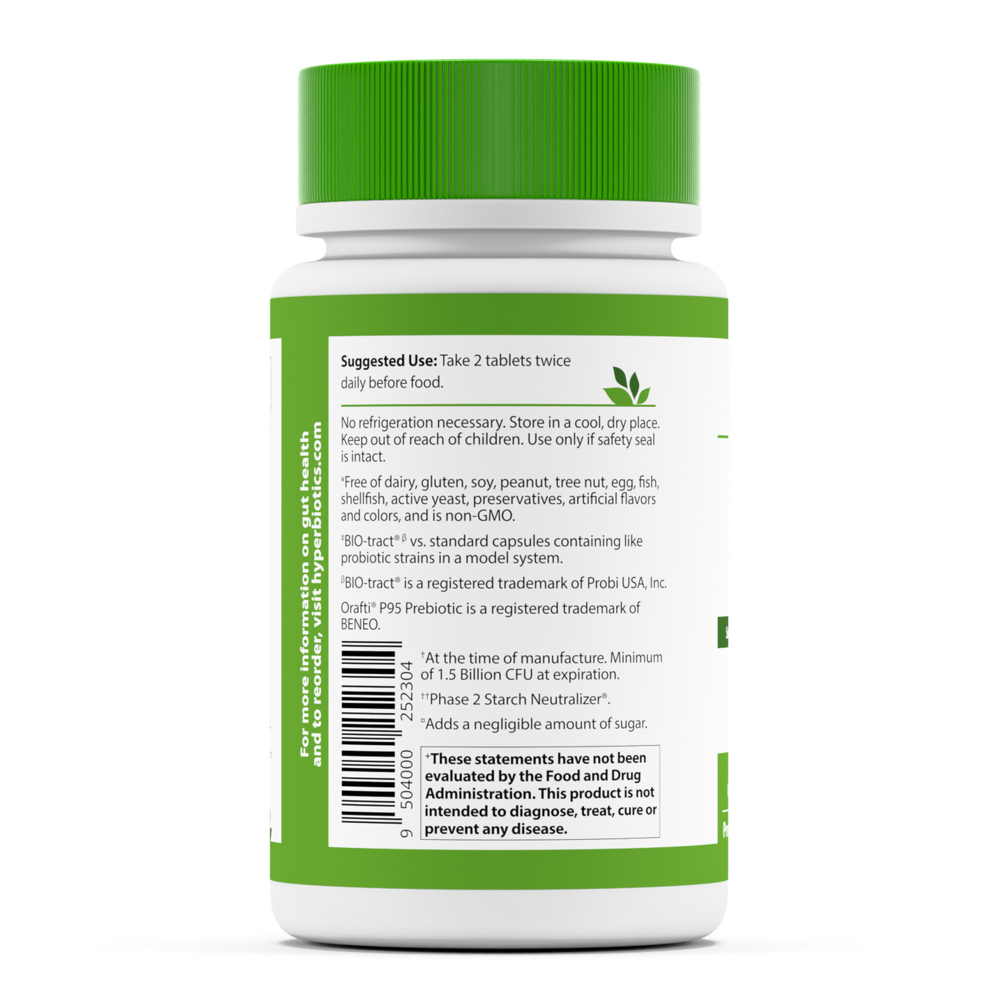 Hyperbiotics PRO-Lean: Satiety and Healthy Metabolic Support Probiotic. Suggested Use and UPC code on bottle.