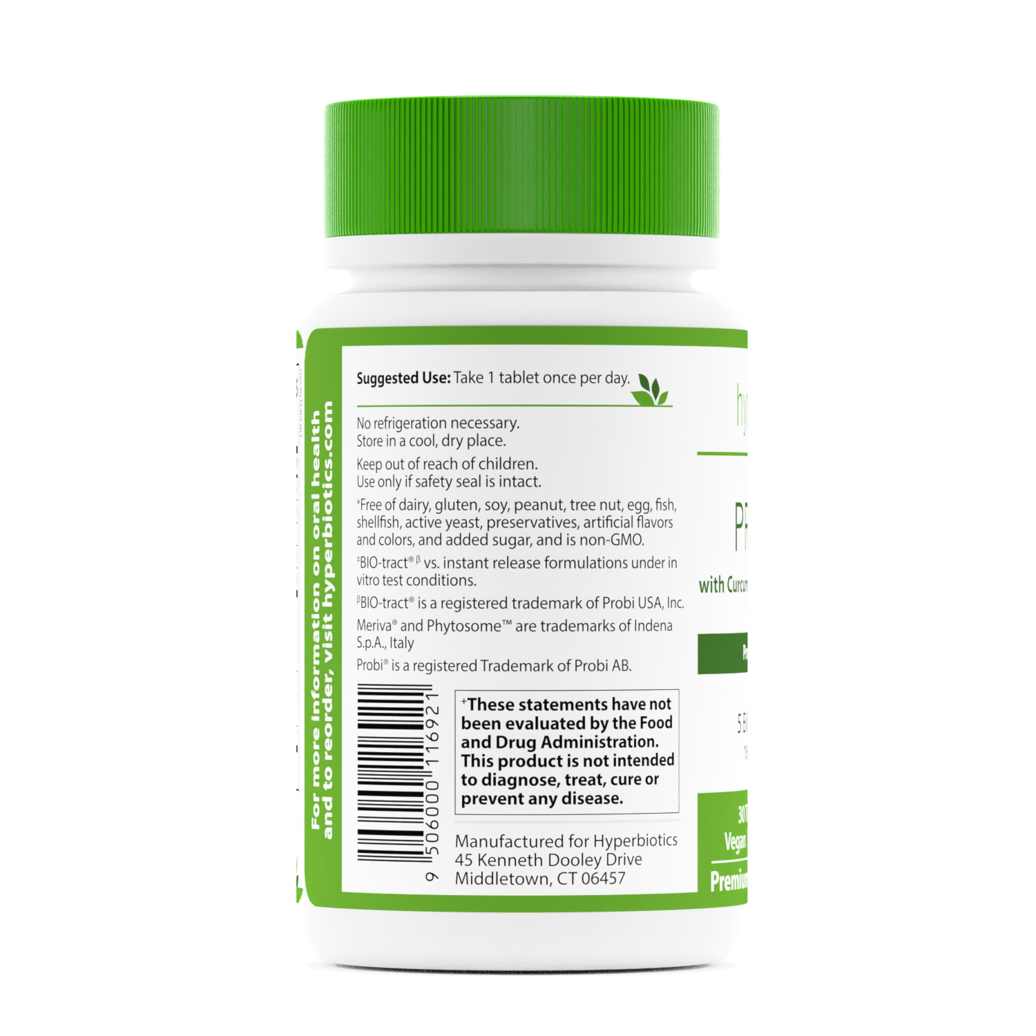 Hyperbiotics Pro-Men Probiotic Suggested Use and Directions panel of 30 ct bottle.